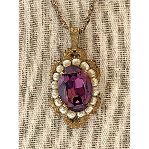 Rare Antique Signed Miriam Haskell Necklace Estate Amethyst Pearl Pendant Chain - Picture 5 of 16